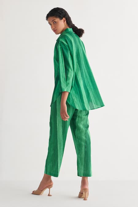 Shop Shivani Bhargava Green Cotton, Linen Collared Striped Print Woven Shirt at Aza Fashions Shop_Shivani Bhargava_Green Cotton, Linen Collared Striped Print Woven Shirt _at_Aza_Fashions