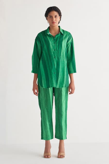 Shivani Bhargava Green Cotton, Linen Collared Striped Print Woven Shirt Online at Aza Fashions Shivani Bhargava_Green Cotton, Linen Collared Striped Print Woven Shirt _Online_at_Aza_Fashions