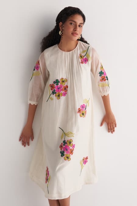 Shivani Bhargava Ivory Chanderi Embroidery Round Neck Woven Dress