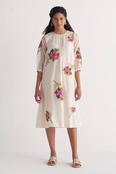 Shivani Bhargava_Ivory Chanderi Embroidery Round Neck Woven Dress _Online_at_Aza_Fashions