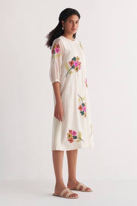 Buy_Shivani Bhargava_Ivory Chanderi Embroidery Round Neck Woven Dress _Online_at_Aza_Fashions