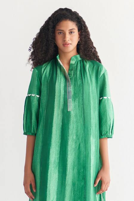 Shivani Bhargava_Green Cotton, Linen Mandarin Collar Striped Print Dress _Online_at_Aza_Fashions