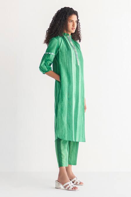 Buy_Shivani Bhargava_Green Cotton, Linen Mandarin Collar Striped Print Dress _Online_at_Aza_Fashions