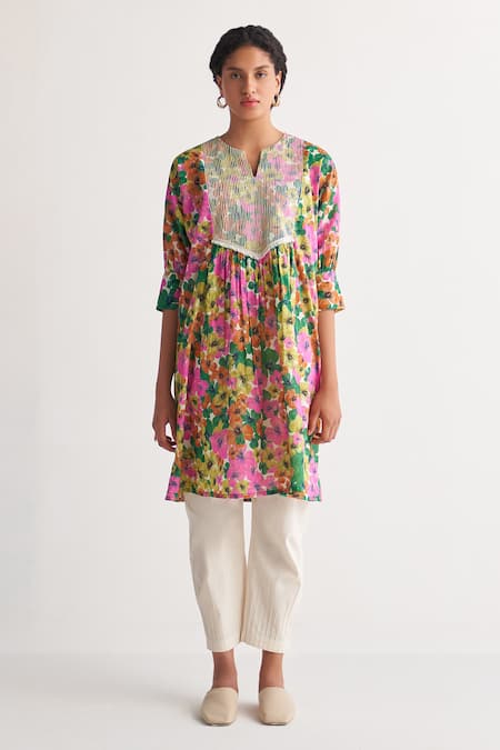 Shivani Bhargava_Multi Color Pure Cotton Digital Printed Woven Gardenia Floral Kurta And Pant Set _Online_at_Aza_Fashions