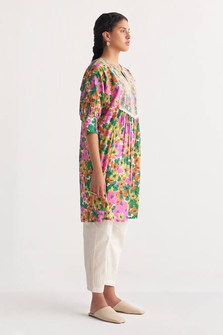 Buy_Shivani Bhargava_Multi Color Pure Cotton Digital Printed Woven Gardenia Floral Kurta And Pant Set _Online_at_Aza_Fashions