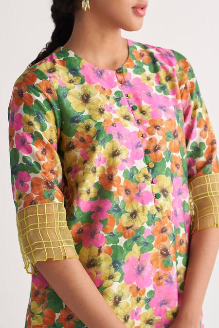 Buy_Shivani Bhargava_Multi Color Chanderi Embroidery Round Neck Gardenia Floral Print Kurta _Online_at_Aza_Fashions