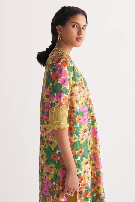 Shop_Shivani Bhargava_Multi Color Chanderi Embroidery Round Neck Gardenia Floral Print Kurta _Online_at_Aza_Fashions
