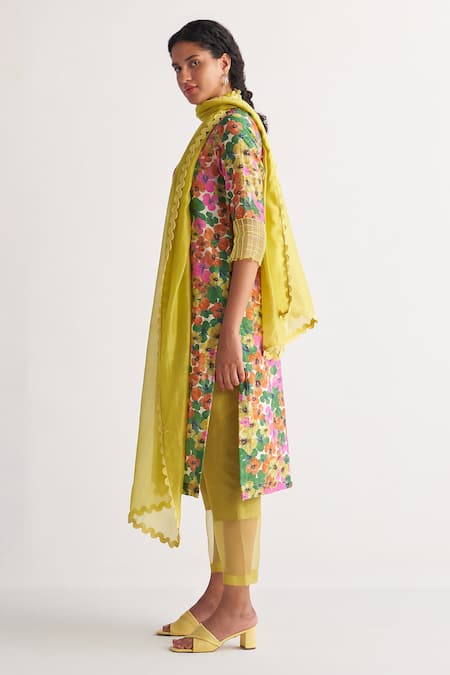 Shop Shivani Bhargava Multi Color Chanderi Digital Printed Woven Round Gardenia Floral Kurta Pant Set at Aza Fashions Shop_Shivani Bhargava_Multi Color Chanderi Digital Printed Woven Round Gardenia Floral Kurta Pant Set _at_Aza_Fashions