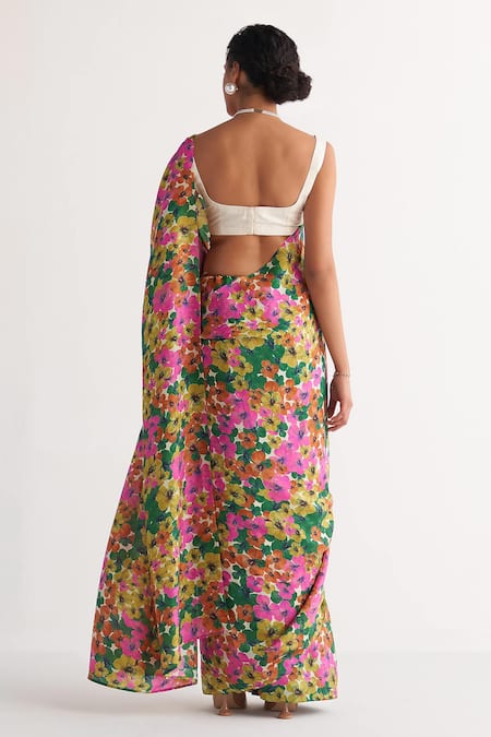 Shop Shivani Bhargava Multi Color Pure Silk Digital Printed Woven Gardenia Floral Saree With Blouse at Aza Fashions Shop_Shivani Bhargava_Multi Color Pure Silk Digital Printed Woven Gardenia Floral Saree With Blouse _at_Aza_Fashions