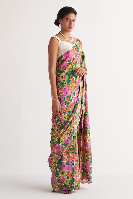 Shivani Bhargava Multi Color Pure Silk Digital Printed Woven Gardenia Floral Saree With Blouse Online at Aza Fashions Shivani Bhargava_Multi Color Pure Silk Digital Printed Woven Gardenia Floral Saree With Blouse _Online_at_Aza_Fashions