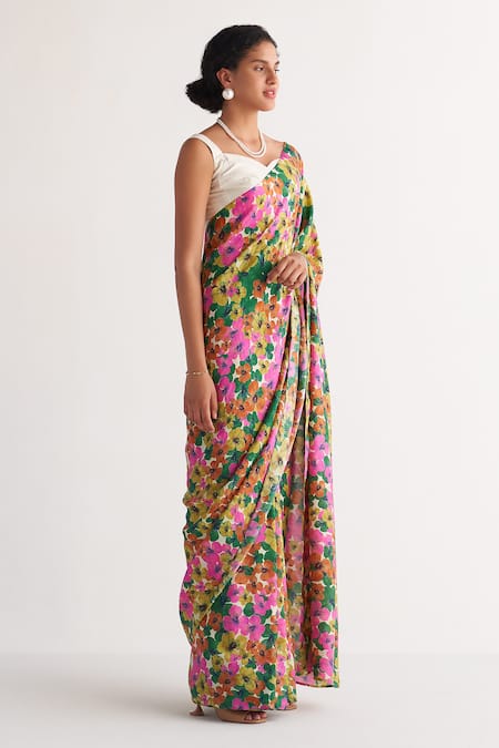 Buy Shivani Bhargava Multi Color Pure Silk Digital Printed Woven Gardenia Floral Saree With Blouse Online at Aza Fashions Buy_Shivani Bhargava_Multi Color Pure Silk Digital Printed Woven Gardenia Floral Saree With Blouse _Online_at_Aza_Fashions