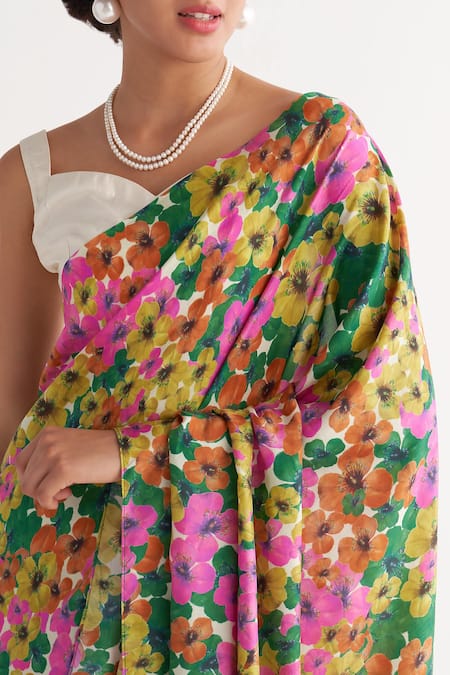 Shivani Bhargava Multi Color Pure Silk Digital Printed Woven Gardenia Floral Saree With Blouse at Aza Fashions Shivani Bhargava_Multi Color Pure Silk Digital Printed Woven Gardenia Floral Saree With Blouse _at_Aza_Fashions
