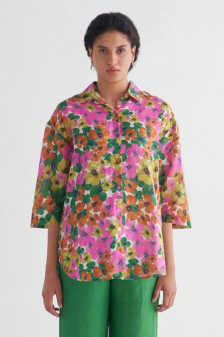 Shivani Bhargava_Multi Color Cotton Collared Gardenia Floral Print Shirt And Green Pant Set _Online_at_Aza_Fashions