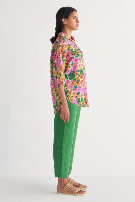 Shop_Shivani Bhargava_Multi Color Cotton Collared Gardenia Floral Print Shirt And Green Pant Set _Online_at_Aza_Fashions
