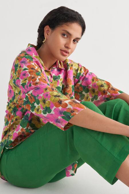 Buy_Shivani Bhargava_Multi Color Cotton Collared Gardenia Floral Print Shirt And Green Pant Set 