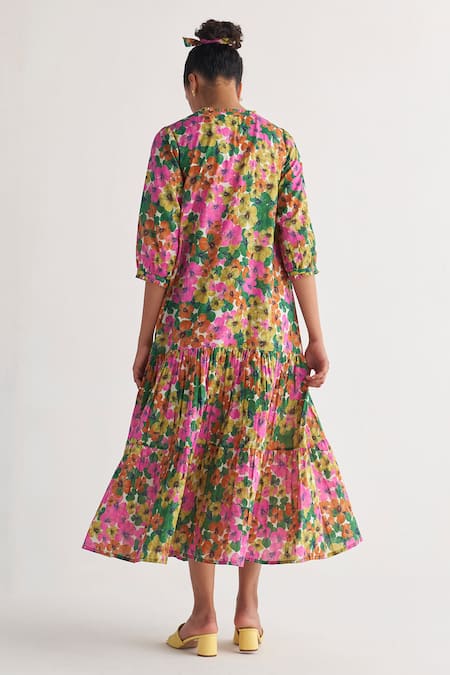 Shop_Shivani Bhargava_Multi Color Cotton Embroidery Open Gardenia Floral Digital Print Tiered Dress _at_Aza_Fashions