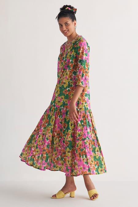 Shivani Bhargava_Multi Color Cotton Embroidery Open Gardenia Floral Digital Print Tiered Dress _Online_at_Aza_Fashions