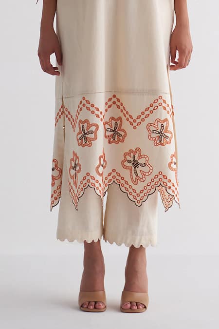 Shop_Shivani Bhargava_Ivory Pure Cotton Embroidered Woven Notched Colossal Sleeve Kurta And Pant Set _Online_at_Aza_Fashions