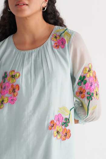 Buy_Shivani Bhargava_Blue Chanderi, Cotton Embroidery Round Neck Woven Kurta And Pant Set _Online_at_Aza_Fashions