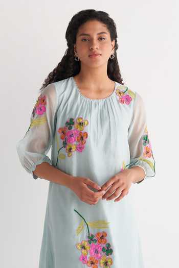 Shop_Shivani Bhargava_Blue Chanderi, Cotton Embroidery Round Neck Woven Kurta And Pant Set _Online_at_Aza_Fashions