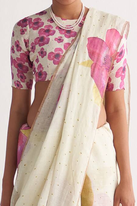 Shivani Bhargava Ivory Cotton Linen Print Floral Hand Drawn Pattern Saree Online at Aza Fashions Shivani Bhargava_Ivory Cotton Linen Print Floral Hand Drawn Pattern Saree _Online_at_Aza_Fashions