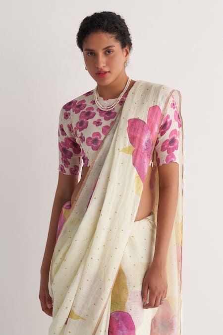 Buy_Shivani Bhargava_Ivory Cotton, Linen Round Neck Hand Drawn Floral Pattern Saree With Blouse _Online_at_Aza_Fashions