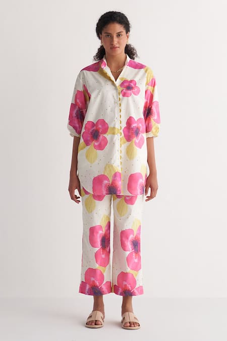 Shivani Bhargava Ivory Cotton Embroidery Collared Pure Floral Print Shirt With Pant 