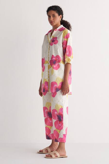 Shivani Bhargava_Ivory Cotton Embroidery Collared Pure Floral Print Shirt With Pant _Online_at_Aza_Fashions
