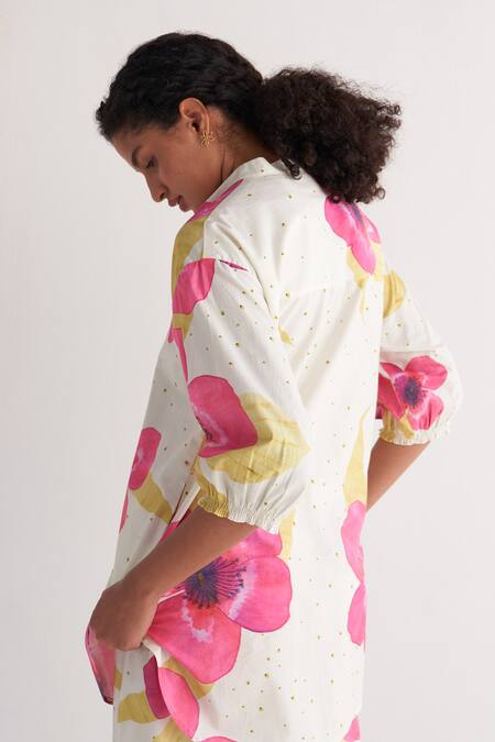 Buy_Shivani Bhargava_Ivory Cotton Embroidery Collared Pure Floral Print Shirt With Pant _Online_at_Aza_Fashions