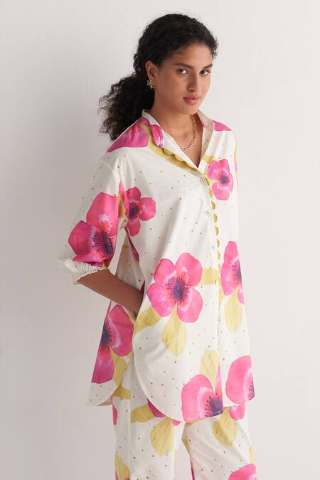 Shop_Shivani Bhargava_Ivory Cotton Embroidery Collared Pure Floral Print Shirt With Pant _Online_at_Aza_Fashions