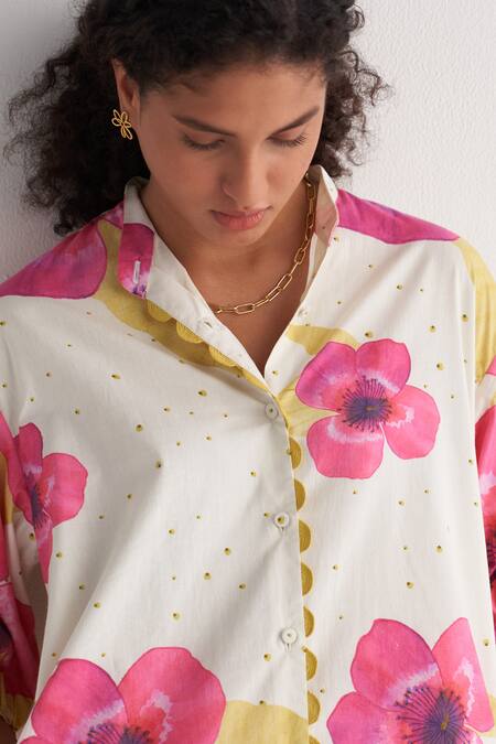 Shivani Bhargava_Ivory Cotton Embroidery Collared Pure Floral Print Shirt With Pant _at_Aza_Fashions