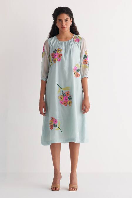 Shivani Bhargava_Blue Chanderi Applique Round Neck Floral Bunch Dress _Online_at_Aza_Fashions