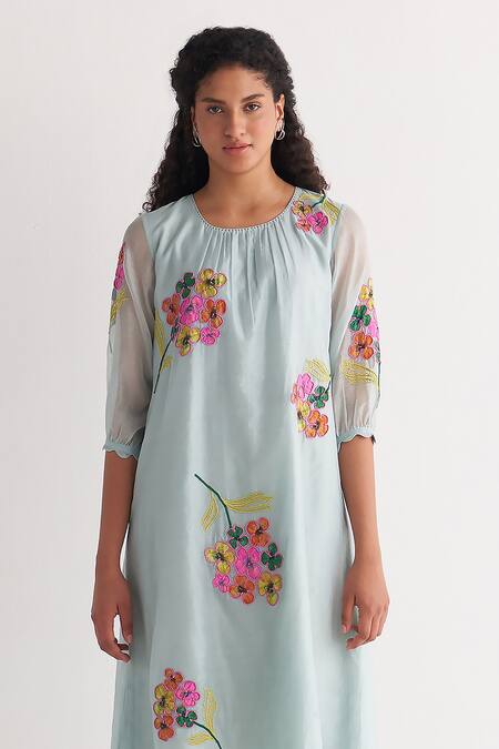 Buy_Shivani Bhargava_Blue Chanderi Applique Round Neck Floral Bunch Dress _Online_at_Aza_Fashions