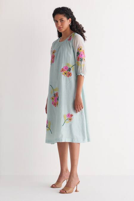 Shop_Shivani Bhargava_Blue Chanderi Applique Round Neck Floral Bunch Dress _Online_at_Aza_Fashions