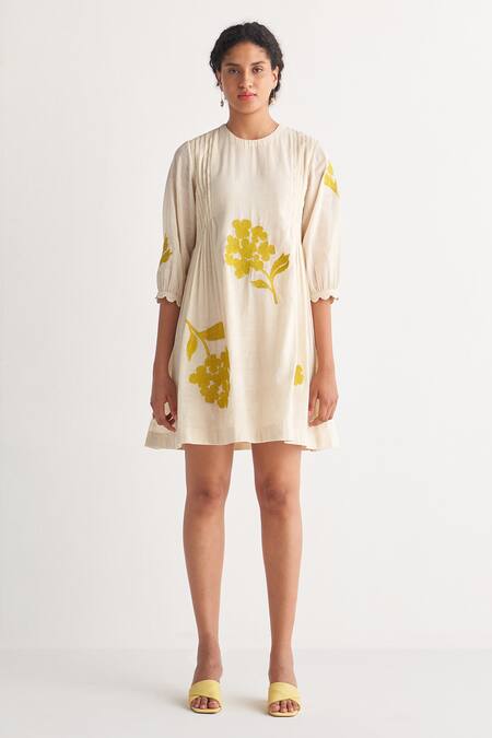 Buy_Shivani Bhargava_Off White Cotton Applique Round Neck Cross Stitch Embroidered Dress _Online_at_Aza_Fashions