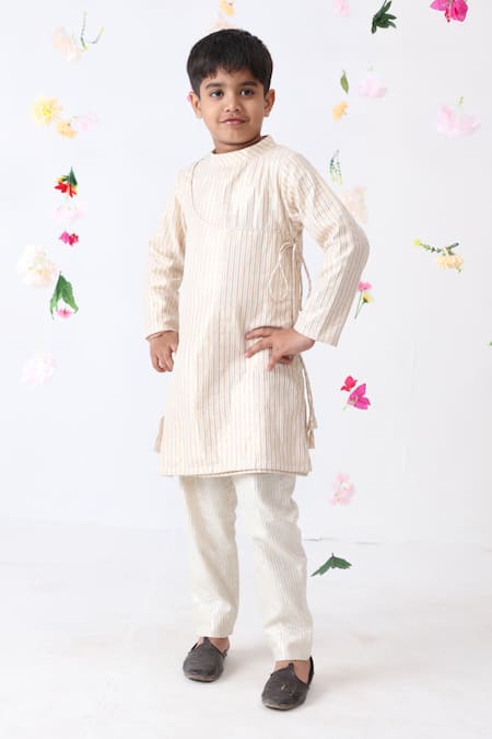 JILMIL DREAMWEAR Off White Cotton Stripe Pattern Kurta And Pant Set 