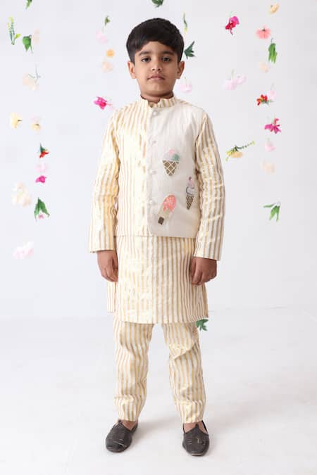 JILMIL DREAMWEAR Off White Cotton Embroidered Ice Cream Sequin Nehru Jacket And Kurta Set 