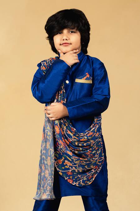 JILMIL DREAMWEAR Blue Cotton, Silk Printed Draped Kurta And Pant Set Online at Aza Fashions JILMIL DREAMWEAR_Blue Cotton, Silk Printed Draped Kurta And Pant Set _Online_at_Aza_Fashions