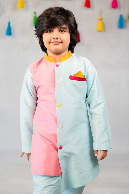 JILMIL DREAMWEAR_Blue Cotton, Silk Colorblock Asymmetric Kurta And Pant Set_Online_at_Aza_Fashions