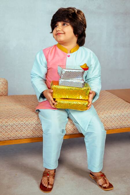 Buy_JILMIL DREAMWEAR_Blue Cotton, Silk Colorblock Asymmetric Kurta And Pant Set_Online_at_Aza_Fashions