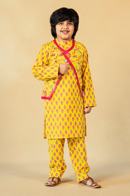 JILMIL DREAMWEAR Yellow Cotton Printed Jaipuri Jacket And Kurta Set 