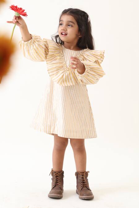 JILMIL DREAMWEAR_Off White Cotton Stripe Pattern Dress _Online_at_Aza_Fashions