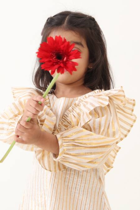 JILMIL DREAMWEAR_Off White Cotton Stripe Pattern Dress _at_Aza_Fashions