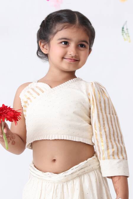 JILMIL DREAMWEAR_Off White Cotton One Side Sleeve Blouse And Lehenga Set_Online_at_Aza_Fashions