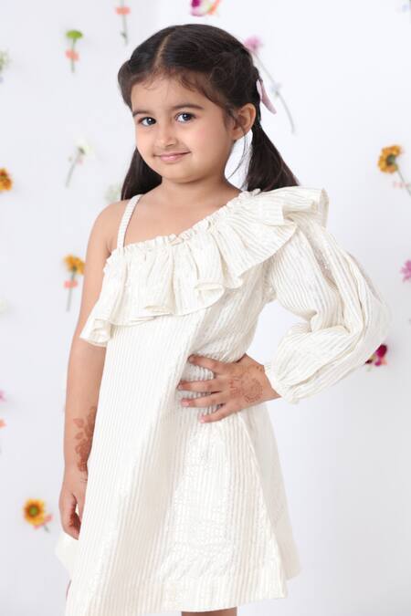 JILMIL DREAMWEAR_Off White Cotton Fringe One Side Sleeve Dress _Online_at_Aza_Fashions