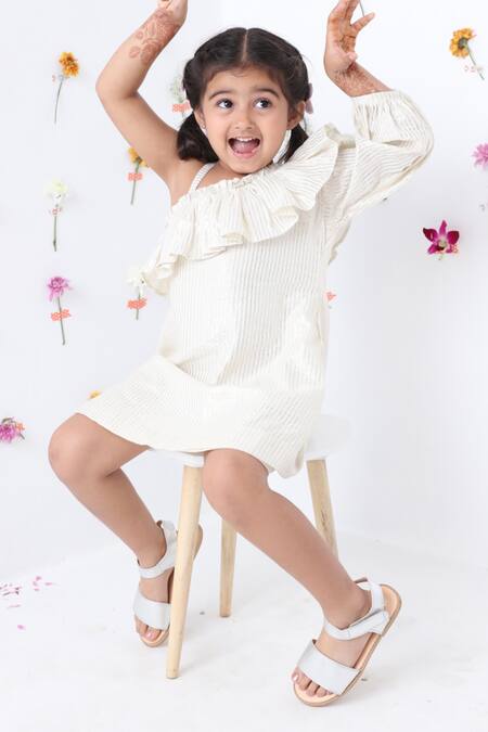 Buy_JILMIL DREAMWEAR_Off White Cotton Fringe One Side Sleeve Dress _Online_at_Aza_Fashions