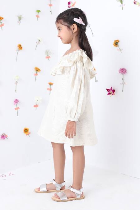 JILMIL DREAMWEAR_Off White Cotton Fringe One Side Sleeve Dress _at_Aza_Fashions