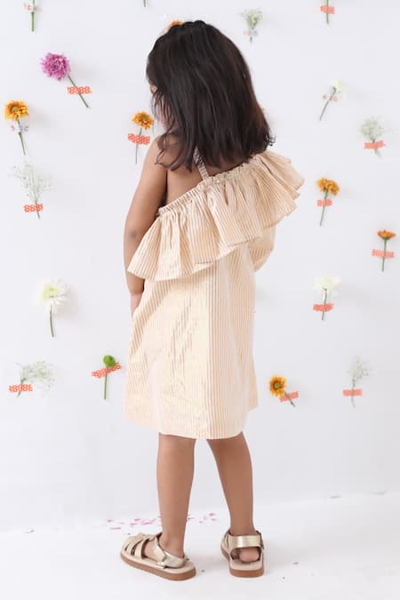 Shop_JILMIL DREAMWEAR_Off White Cotton Ruffles One Side Sleeve Dress _at_Aza_Fashions
