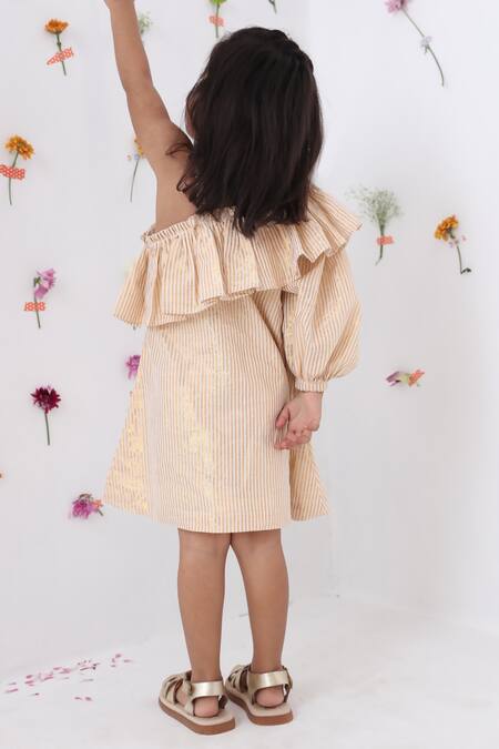 Shop_JILMIL DREAMWEAR_Off White Cotton Ruffles One Side Sleeve Dress _Online_at_Aza_Fashions