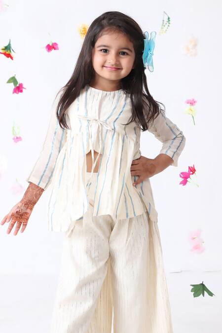 JILMIL DREAMWEAR_Off White Cotton Stripe Pattern Overcoat And Palazzo Set _Online_at_Aza_Fashions